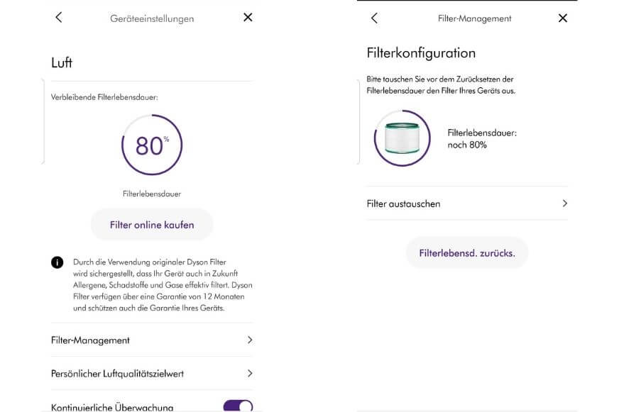 Im Filtermanagement erhältst Du Informationen zum Filtertyp und zur restlichen Lebensdauer der Dyson Pure Cool Link TP02 Filtereinheit.
